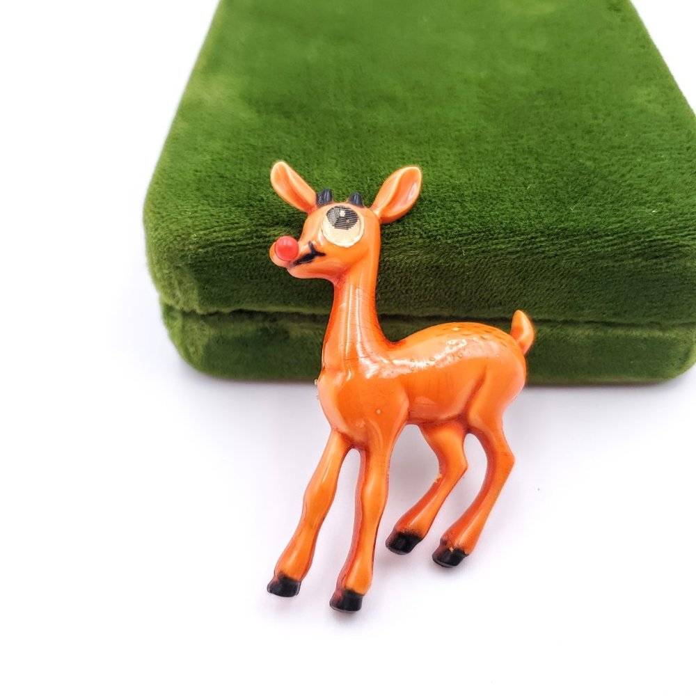 VTG Lenticular Winking Eye Rudolph Reindeer Brooch Early Plastic Celluloid Pin